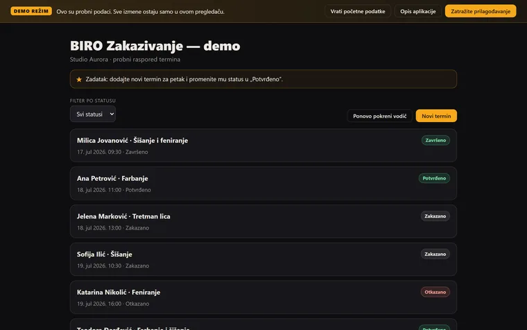 Ekran demo aplikacije BIRO Zakazivanje — termini sa imenom, uslugom, datumom i statusom