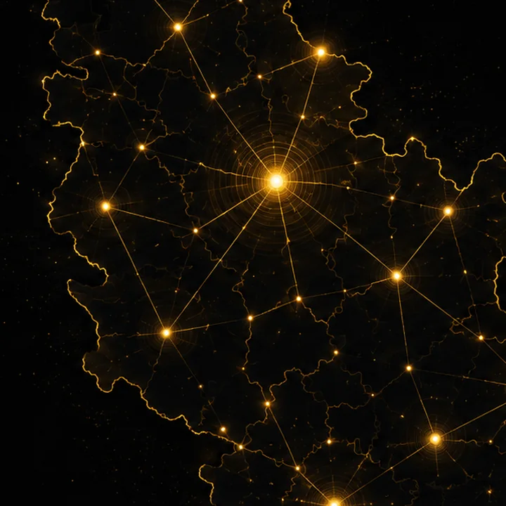 Bliži prikaz mape Srbije — osvetljena čvorišta gradova povezana linijama