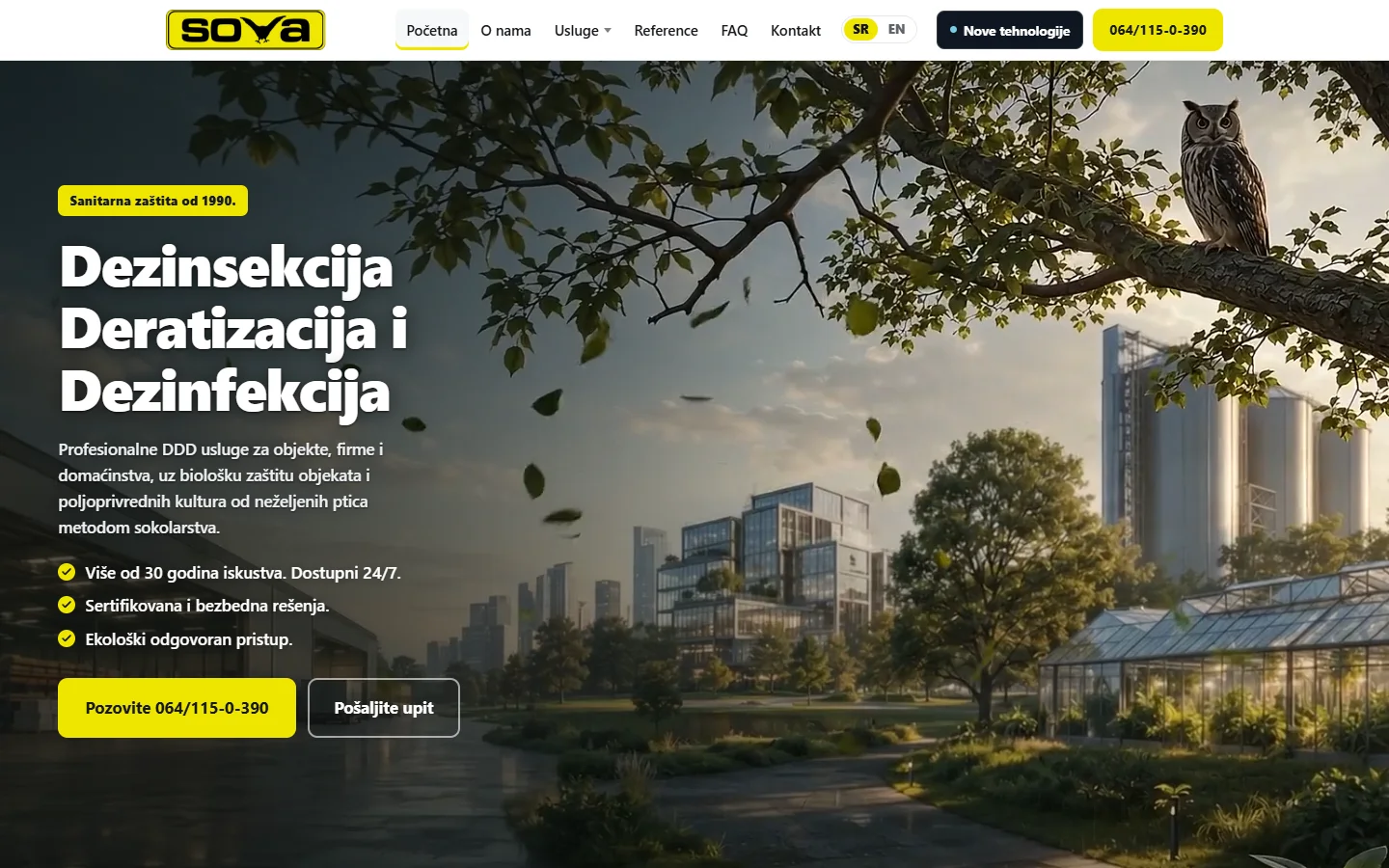 Novi sajt firme SOVA — krupan naslov usluge, tri jasne prednosti i broj telefona kao glavno dugme